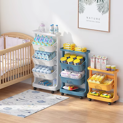 Multi Colored Wheeled Storage Racks Organizing Baby Supplies in Nursery Room 3d model