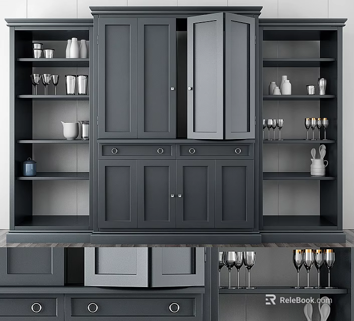 Modern Gray Kitchen Cabinets With Open Shelves And Decorative Glassware 3d model 