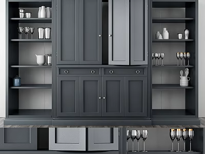 Modern Gray Kitchen Cabinets With Open Shelves And Decorative Glassware 3d model