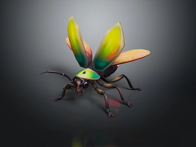 Flying Animal Sculpture with Colorful Metallic Wings Unique Artistic Design on Dark Background 3d model