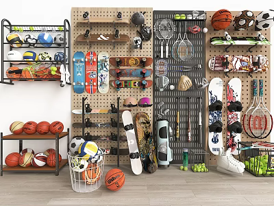Organized Sports Equipment Display With Wall Mounted Racks Pegboards Basketballs Volleyballs Tennis Rackets And Skateboards 3d model