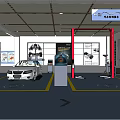 4S Shop Interior With White Car Red Lift Car Posters And Floor Guide Lines