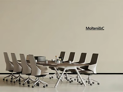 Modern Round Conference Table With White Metal Frame Ergonomic Chairs Office Essentials By MolteniC 3d model