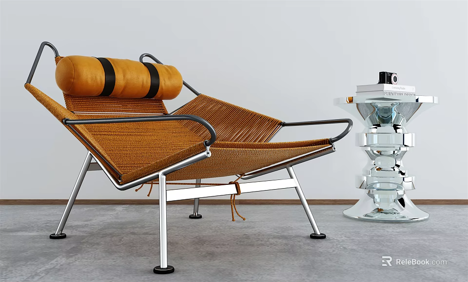 Lounge Chair With Wicker Design Orange Cushion Metal Frame And Transparent Glass Lamp 3d model 
