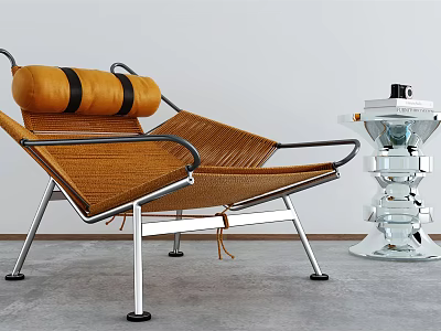 Lounge Chair With Wicker Design Orange Cushion Metal Frame And Transparent Glass Lamp 3d model