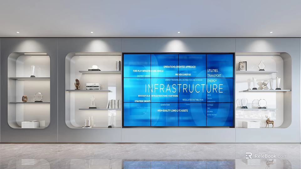 Modern Display Cabinet with Large Blue Screen Display and Side Shelves Holding Decorative Items 3d model 