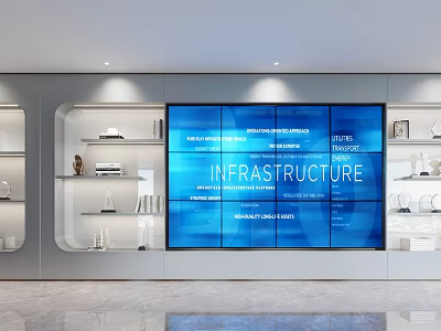 Modern Display Cabinet with Large Blue Screen Display and Side Shelves Holding Decorative Items 3d model