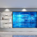 Modern Display Cabinet with Large Blue Screen Display and Side Shelves Holding Decorative Items