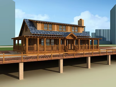 Two Story Wooden House With Spacious Porch Dark Shingle Roof And Wooden Deck 3d model