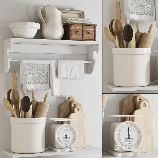 Rustic Kitchen Utensils with Wooden Spoons Cutting Boards and Vintage Scale on White Shelf 3d model 