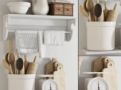 Rustic Kitchen Utensils with Wooden Spoons Cutting Boards and Vintage Scale on White Shelf 3d model