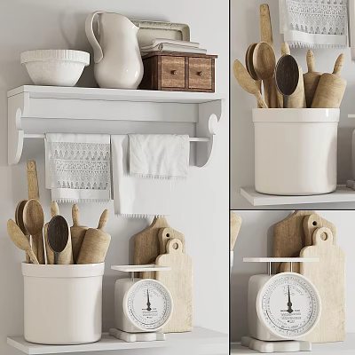 Rustic Kitchen Utensils with Wooden Spoons Cutting Boards and Vintage Scale on White Shelf 3d model