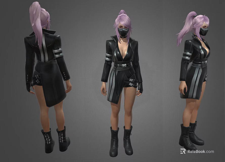 Woman With Pink Hair Wearing Mask Black Coat With White Stripes And Black Boots 3d model 