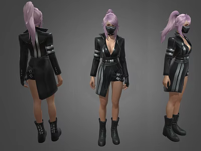 Woman With Pink Hair Wearing Mask Black Coat With White Stripes And Black Boots 3d model