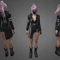 Woman With Pink Hair Wearing Mask Black Coat With White Stripes And Black Boots