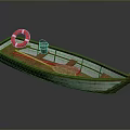 Traditional Wooden Boat With Red Lifebuoy Bucket And Oars For Water Transport