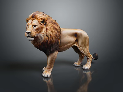 Realistic Lion Sculpture In Standing Pose With Thick Mane On Grey Shiny Background 3d model