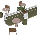 Green Upholstered Public Bench With Round White Tables Brown Chairs Green Stools And Potted Plant