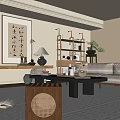 Serene Living Room Interior With Chinese Calligraphy Painting Wooden Bookshelf Green Plant And Beige Sofa