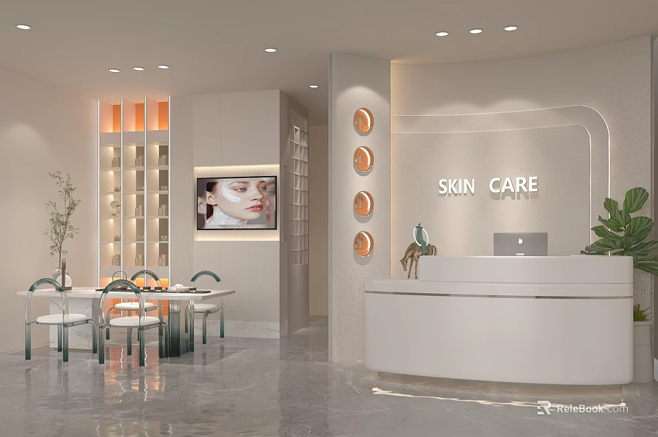 Modern Beauty Salon Interior With Skin Care Sign Circular Lights And Green Plants 3d model 