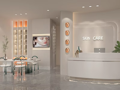 Modern Beauty Salon Interior With Skin Care Sign Circular Lights And Green Plants 3d model