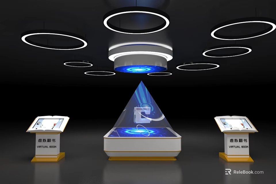Tech Exhibition Setup Featuring Pyramid Shaped Holographic Display Control Panels And Circular Ceiling Lights 3d model