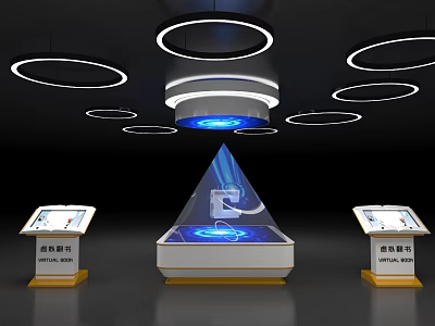 Tech Exhibition Setup Featuring Pyramid Shaped Holographic Display Control Panels And Circular Ceiling Lights 3d model