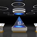 Tech Exhibition Setup Featuring Pyramid Shaped Holographic Display Control Panels And Circular Ceiling Lights 3d model