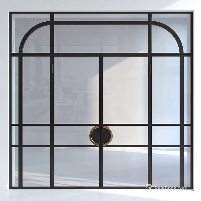 Modern Arched Glass Door With Black Metal Frame And Circular Brass Handle For Interior Decor 3d model 