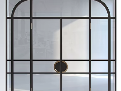 Modern Arched Glass Door With Black Metal Frame And Circular Brass Handle For Interior Decor 3d model