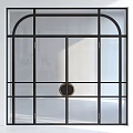 Modern Arched Glass Door With Black Metal Frame And Circular Brass Handle For Interior Decor