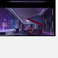 KTV Lounge Interior With Illuminated Moon Purple Blue Lighting And Radial Neon Lines