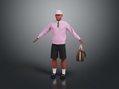 Stylish Man In Pink Cap Cardigan With White Shirt Tie Black Shorts Holding Brown Bag 3d model