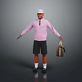Stylish Man In Pink Cap Cardigan With White Shirt Tie Black Shorts Holding Brown Bag