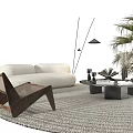 Modern White Curved Sofa And Round Coffee Table Set With Palm Plant And Round Area Rug