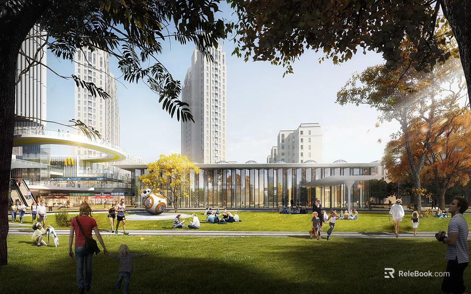 Modern High Rise Office Building Exterior With Sunlit Green Lawn Trees And People Activities 3d model 