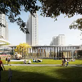 Modern High Rise Office Building Exterior With Sunlit Green Lawn Trees And People Activities