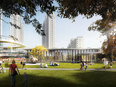 Modern High Rise Office Building Exterior With Sunlit Green Lawn Trees And People Activities 3d model