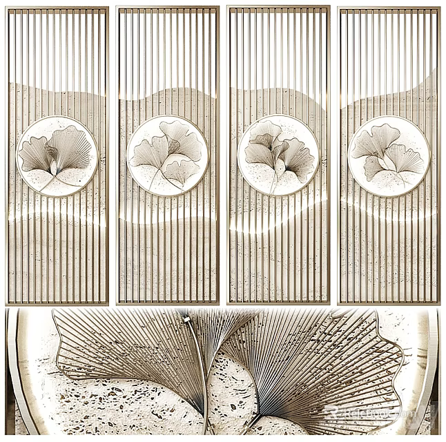 Decorative Partition With Vertical Stripes And Circular Ginkgo Leaf Patterns And Bottom Fan Shaped Decorations 3d model 