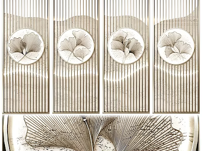 Decorative Partition With Vertical Stripes And Circular Ginkgo Leaf Patterns And Bottom Fan Shaped Decorations 3d model