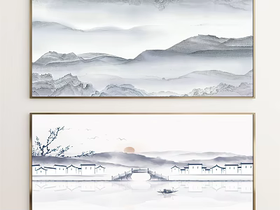 Chinese Ink Wash Landscape Painting With Distant Mountains Small Boat Houses Bridge And Sun 3d model