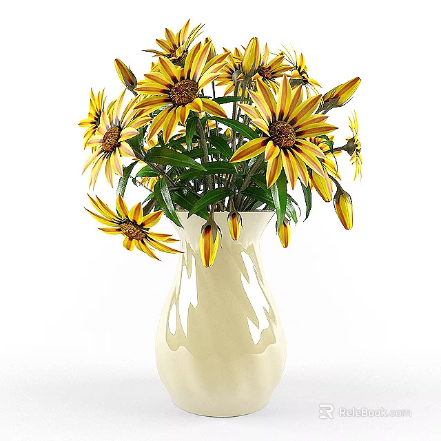 Elegant White Ceramic Vase With Yellow Flowers Brown Centers And Green Leaves 3d model 