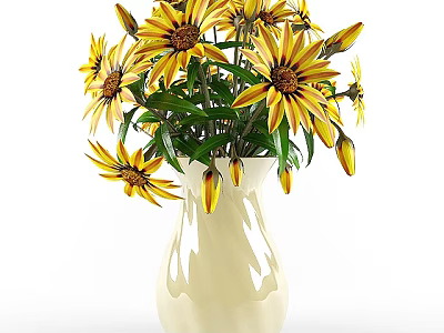 Elegant White Ceramic Vase With Yellow Flowers Brown Centers And Green Leaves 3d model