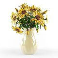 Elegant White Ceramic Vase With Yellow Flowers Brown Centers And Green Leaves