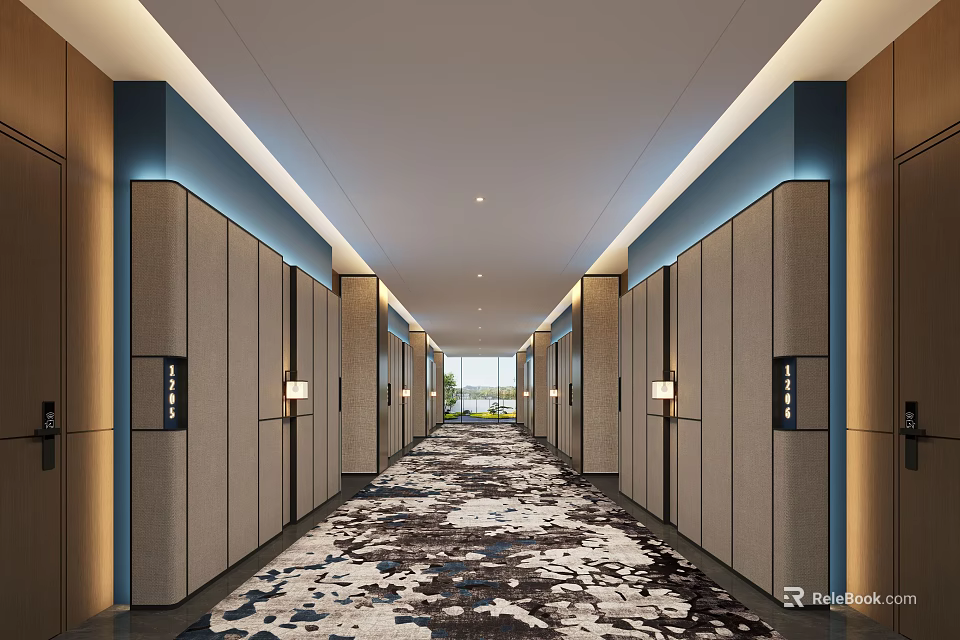 Hotel Corridor With Wooden Panels Blue Lighting Recessed Ceiling Lights Patterned Carpet And Natural Light 3d model 