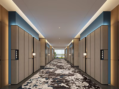 Hotel Corridor With Wooden Panels Blue Lighting Recessed Ceiling Lights Patterned Carpet And Natural Light 3d model