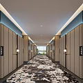 Hotel Corridor With Wooden Panels Blue Lighting Recessed Ceiling Lights Patterned Carpet And Natural Light