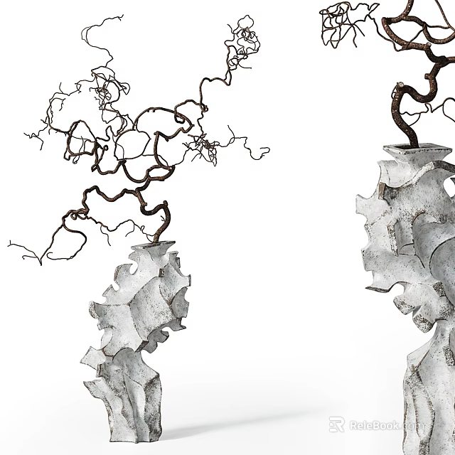Pair Of Artistic Bonsai Potted Plants With Intricate Twisted Branches And Textured Pots 3d model 