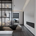Modern Minimalist Bedroom Interior With Main Bed Circular Painting Glass Display Cabinet And Soft Lighting