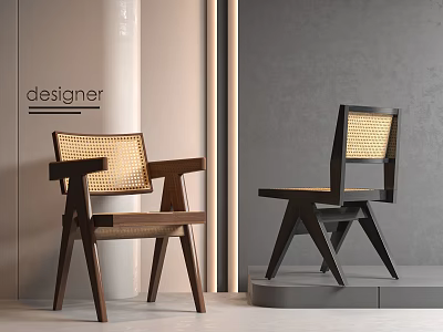 Modern Designer Dining Chairs With Wooden Frame And Woven Details For Interior 3d model